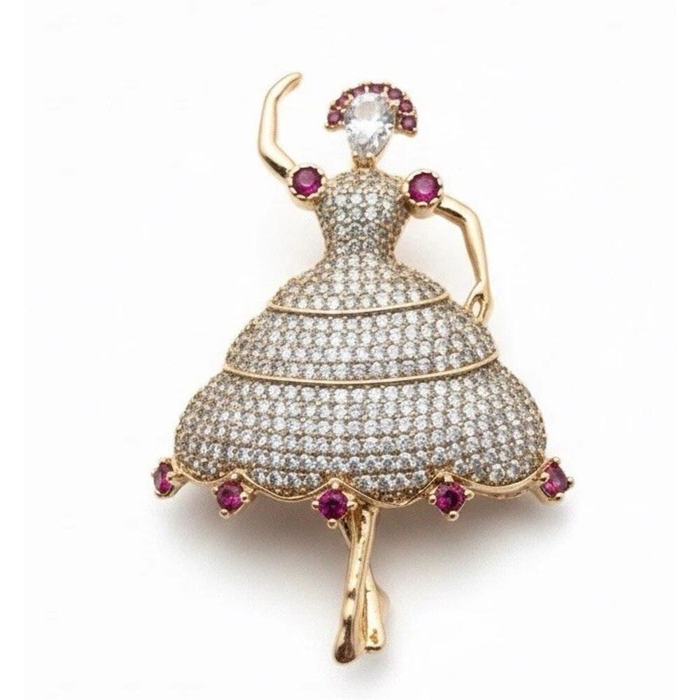 Elegant Gold Plated Woman Figurine Brooch Pin for Women White and Pink Crystals